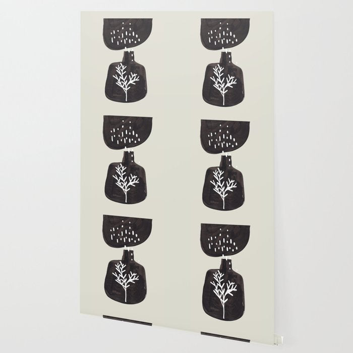 Mid Century Minimalist Black Ink Tribal Vase Abstract Vase Shapes Floral Plant Wallpaper Gallery Image 2