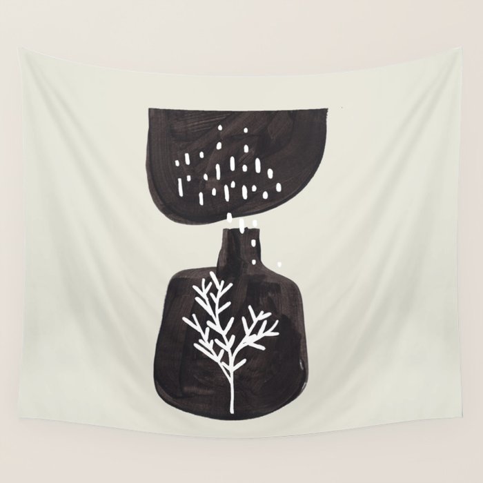 Mid Century Minimalist Black Ink Tribal Vase Abstract Vase Shapes Floral Plant Wall Tapestry Gallery Image 1