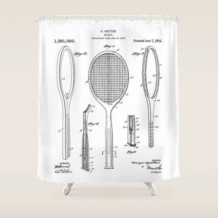 Tennis Racket Patent - Tennis Lover Coach Player Fan Art - White Shower Curtain Gallery Image 1