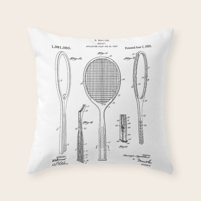 Tennis Racket Patent - Tennis Lover Coach Player Fan Art - White Throw Pillow Gallery Image 1