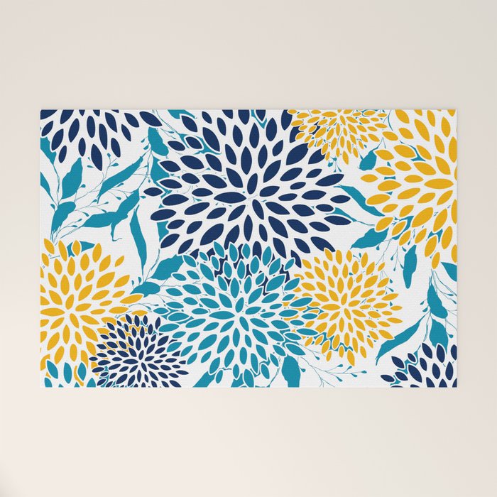 Floral Blooms and Leaves, Navy, Teal Blue, Yellow Welcome Mat Gallery Image 1