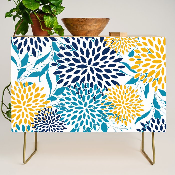 Floral Blooms and Leaves, Navy, Teal Blue, Yellow Credenza Gallery Image 1