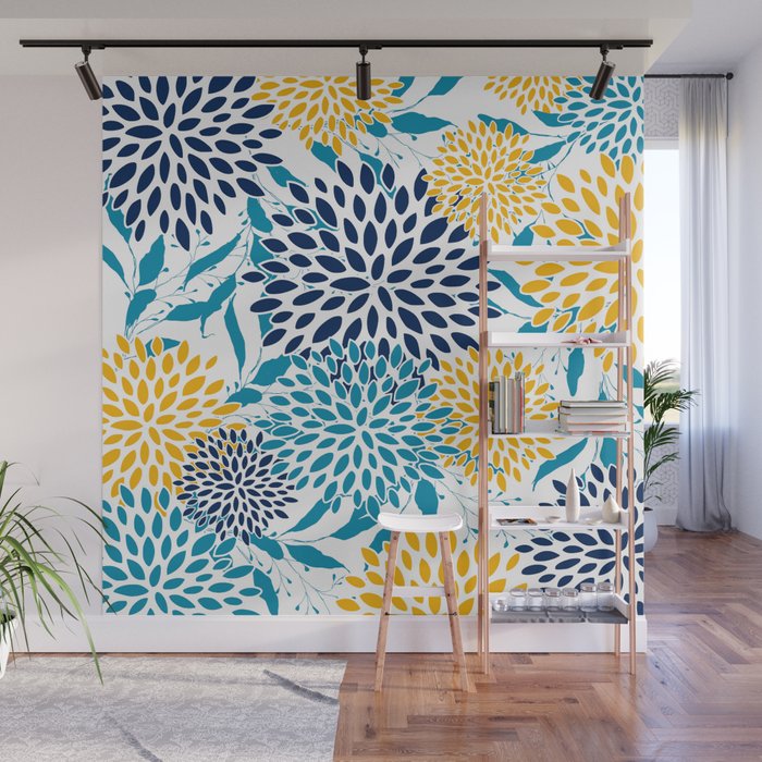 Floral Blooms and Leaves, Navy, Teal Blue, Yellow Wall Mural Gallery Image 1
