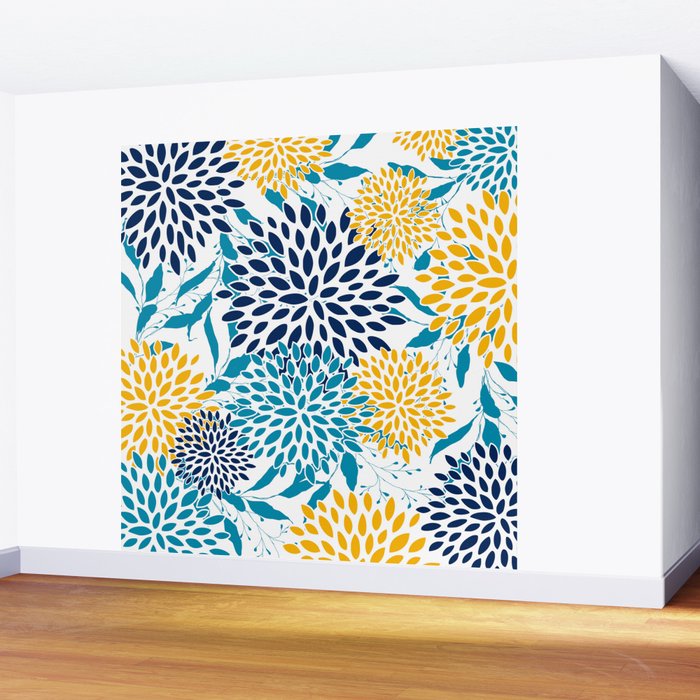Floral Blooms and Leaves, Navy, Teal Blue, Yellow Wall Mural Gallery Image 2