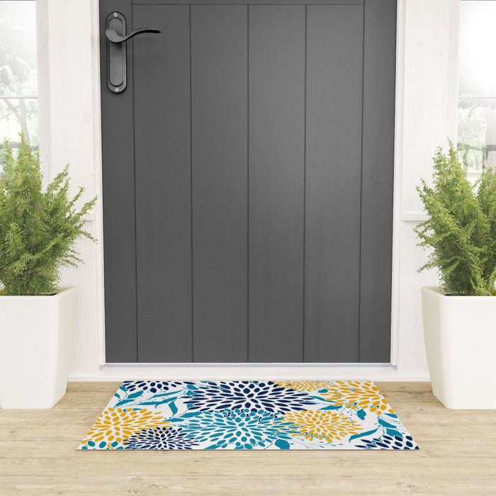 Floral Blooms and Leaves, Navy, Teal Blue, Yellow Welcome Mat Gallery Image 3