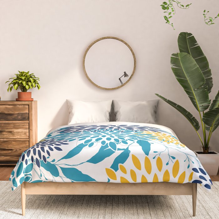 Floral Blooms and Leaves, Navy, Teal Blue, Yellow Comforter Gallery Image 3