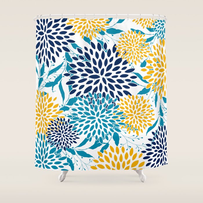 Floral Blooms and Leaves, Navy, Teal Blue, Yellow Shower Curtain Gallery Image 1