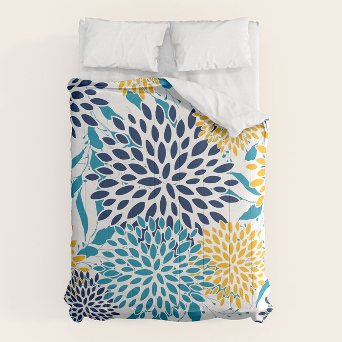 Floral Blooms and Leaves, Navy, Teal Blue, Yellow Comforter Gallery Image 6