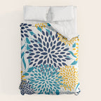 Floral Blooms and Leaves, Navy, Teal Blue, Yellow Comforter Gallery Image 6