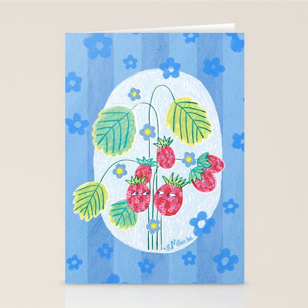 Sweet Strawberry Plant Friends in Sky Blue & Pink Stationery Card Gallery Image 2