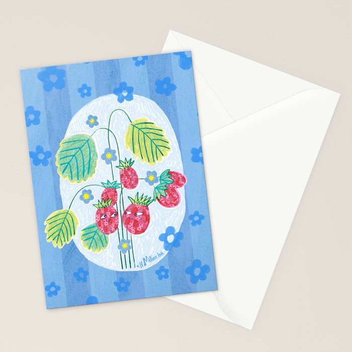 Sweet Strawberry Plant Friends in Sky Blue & Pink Stationery Card Gallery Image 2