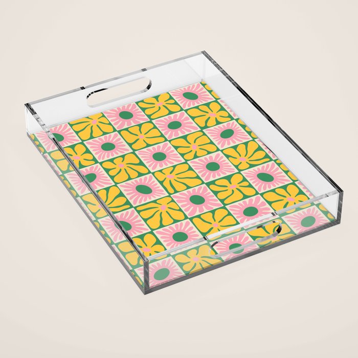 Retro checkered flower art pattern Acrylic Tray Gallery Image 1