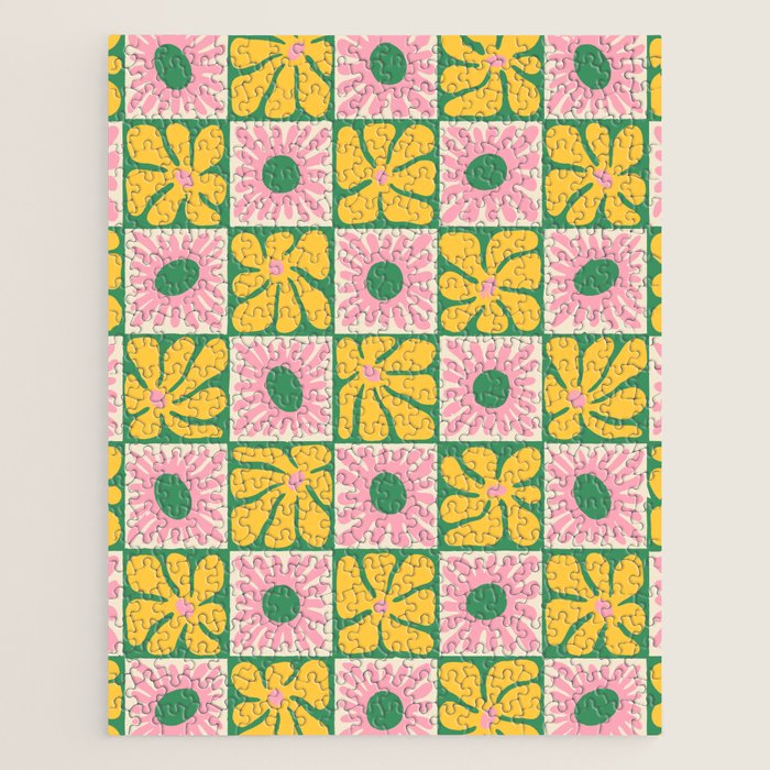 Retro checkered flower art pattern Jigsaw Puzzle Gallery Image 1
