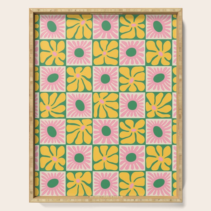 Retro checkered flower art pattern Serving Tray Gallery Image 1