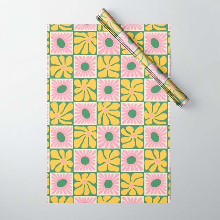 Retro checkered flower art pattern Wrapping Paper Gallery Image 1