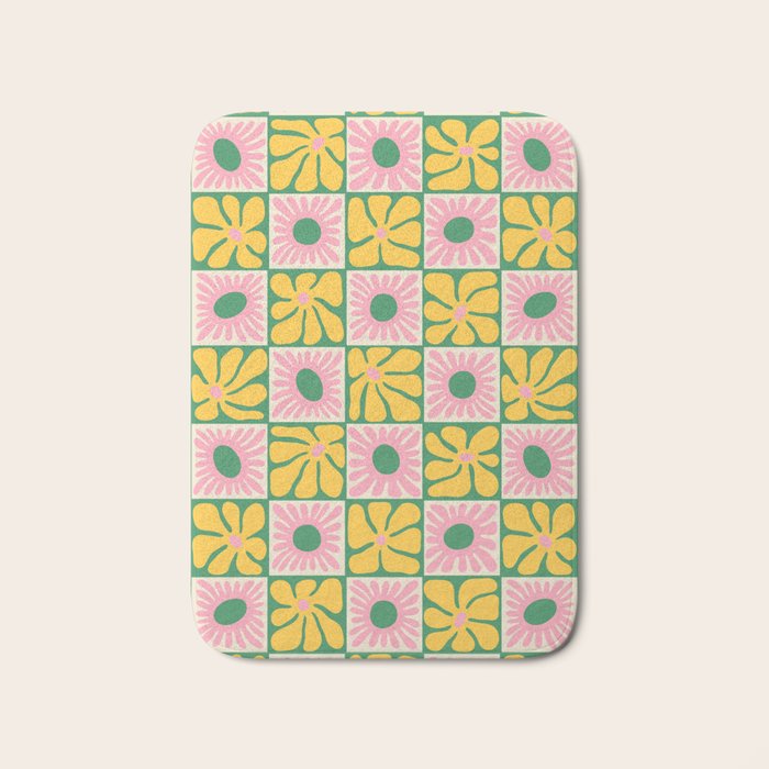 Retro checkered flower art pattern Bath Mat Gallery Image 1