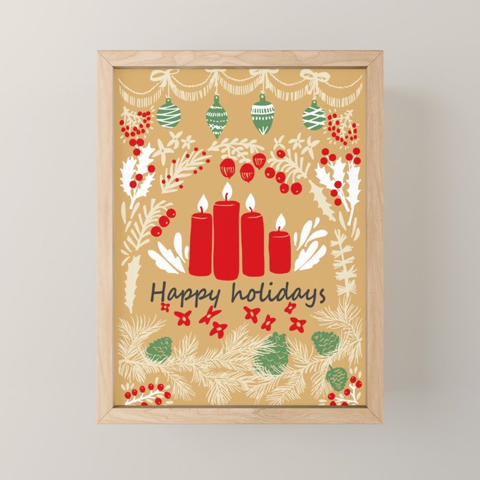 happy holidays christmas greetings - folk art illustration Mini Art Print Gallery Image 1