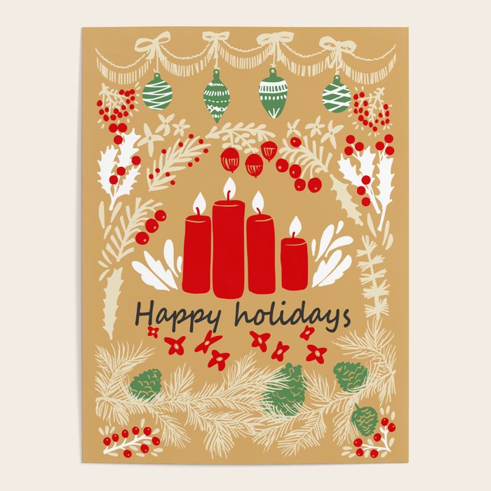 happy holidays christmas greetings - folk art illustration Poster Gallery Image 1