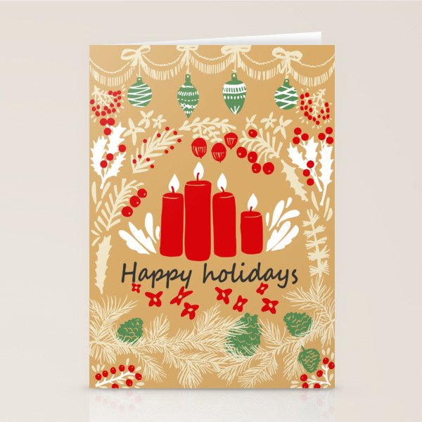 happy holidays christmas greetings - folk art illustration Stationery Card Gallery Image 1