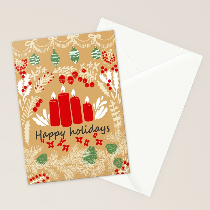 happy holidays christmas greetings - folk art illustration Stationery Card Gallery Image 2