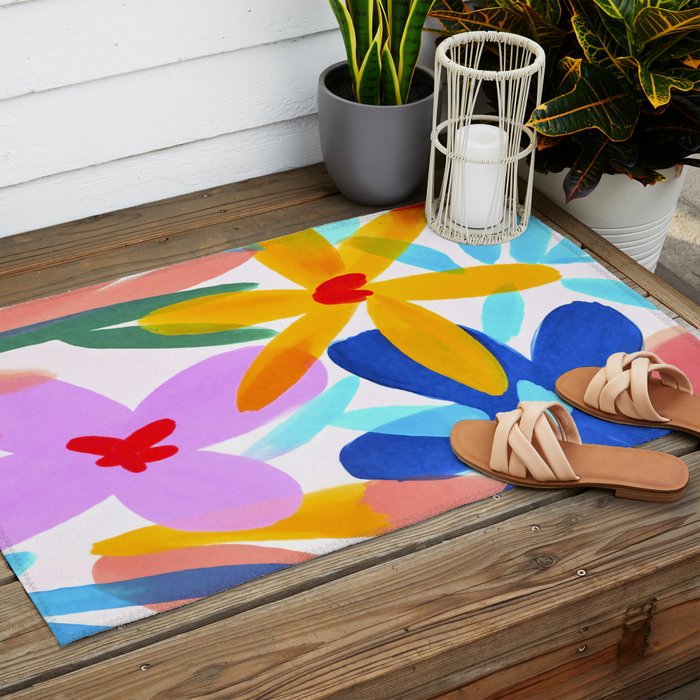 Playful Petals Mid Century Bold Groovy Flower Garden  Outdoor Rug Gallery Image 2
