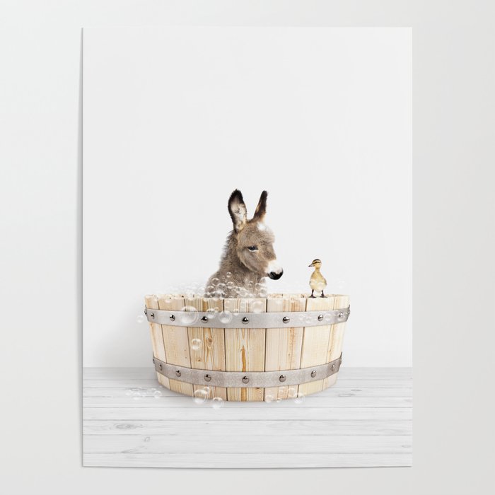 Baby Donkey in a Wooden Bathtub, Donkey Taking a Bath, Bathtub Animal Art Print By Synplus Poster Gallery Image 1