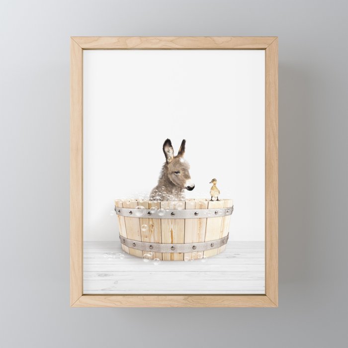 Baby Donkey in a Wooden Bathtub, Donkey Taking a Bath, Bathtub Animal Art Print By Synplus Mini Art Print Gallery Image 1