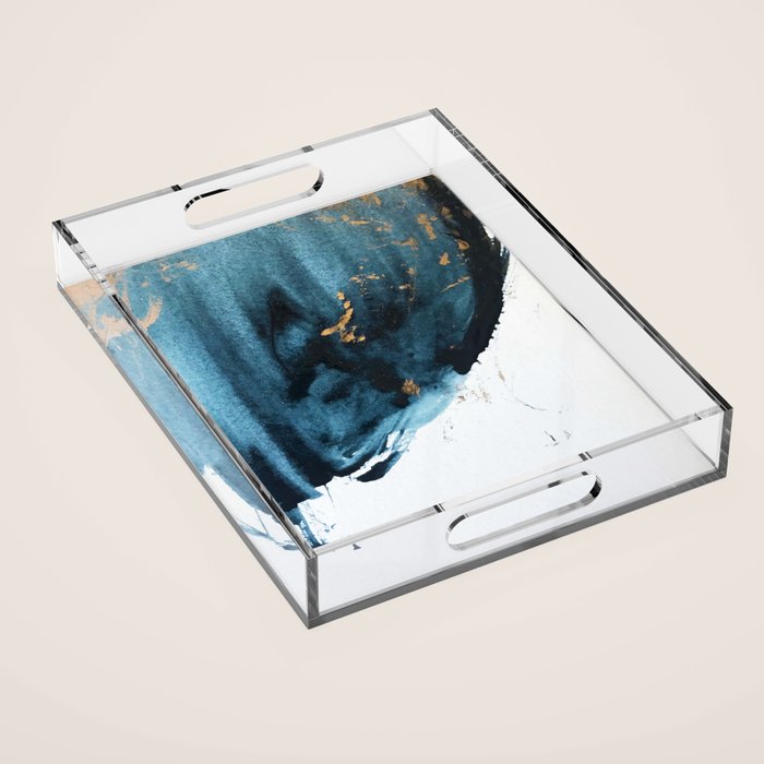 A Minimal Sapphire and Gold Abstract piece in blue white and gold by Alyssa Hamilton Art  Acrylic Tray Gallery Image 1