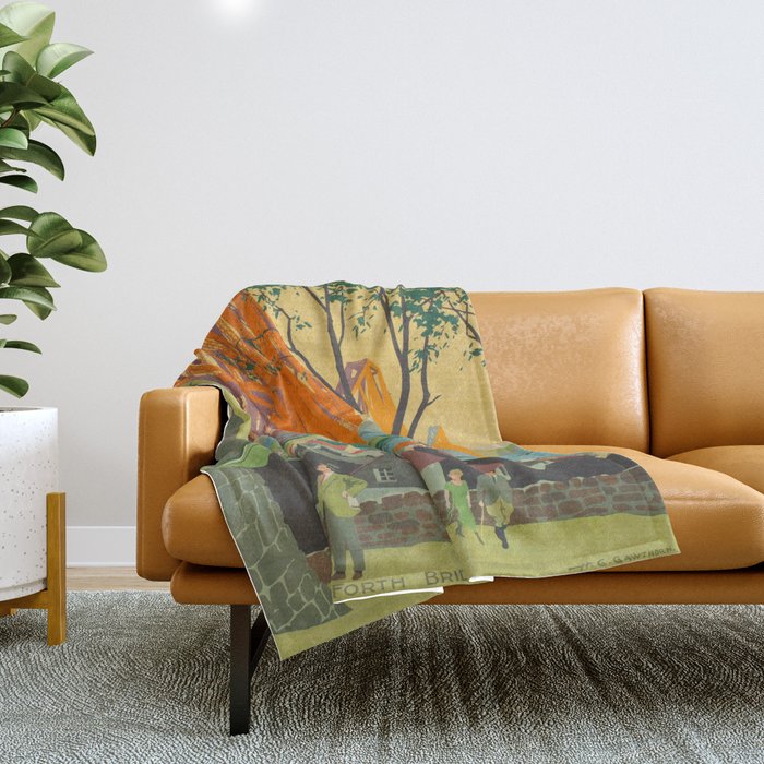 Mid Century Colorful Travel Posters Forth Bridge British Railways Throw Blanket Gallery Image 1