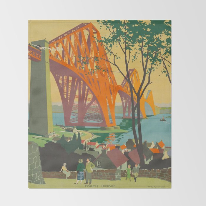 Mid Century Colorful Travel Posters Forth Bridge British Railways Throw Blanket Gallery Image 2