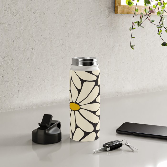 Big Daisy - Groovy Flower - Black, White and Yellow Water Bottle Gallery Image 4