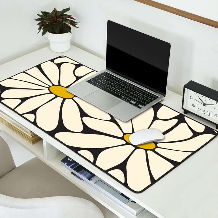 Big Daisy - Groovy Flower - Black, White and Yellow Desk Mat Gallery Image 2