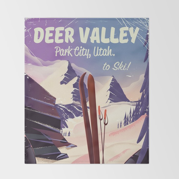 Deer Valley, park city, Utah, ski poster print. Throw Blanket Gallery Image 2
