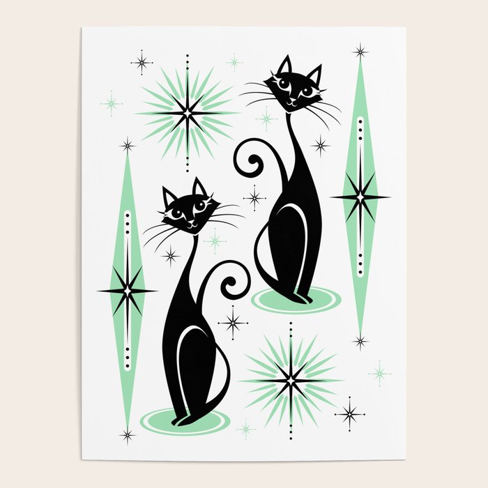 Mid Century Meow Retro Atomic Cats - w/ Mint on White Poster Gallery Image 4