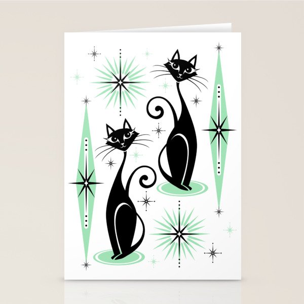 Mid Century Meow Retro Atomic Cats - w/ Mint on White Stationery Card Gallery Image 2
