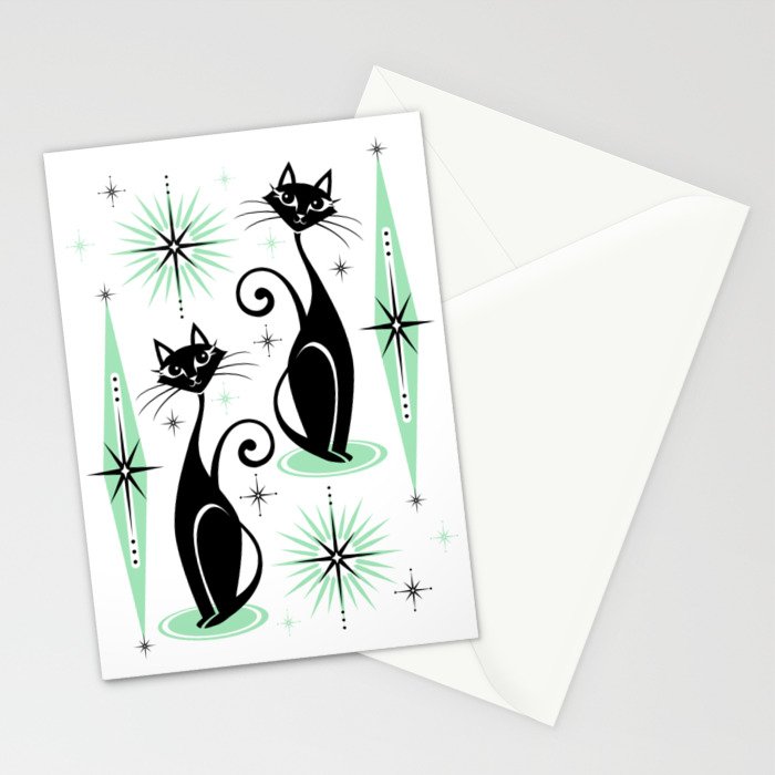 Mid Century Meow Retro Atomic Cats - w/ Mint on White Stationery Card Gallery Image 2