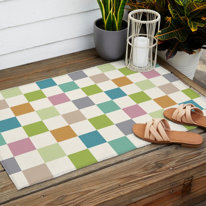 Retro Colorful Checkered Pattern II Outdoor Rug Gallery Image 2