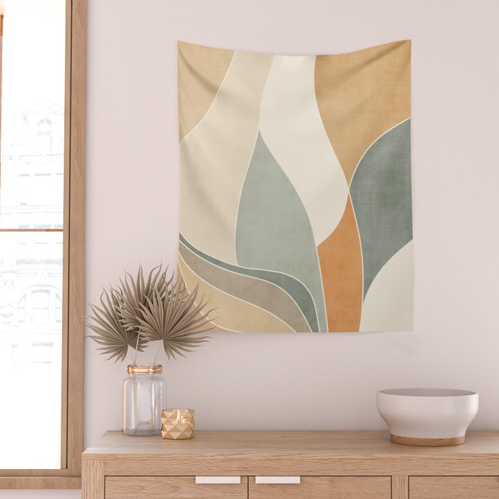Neutral Soft Tones Modern Abstract Leaves Wall Tapestry Gallery Image 2