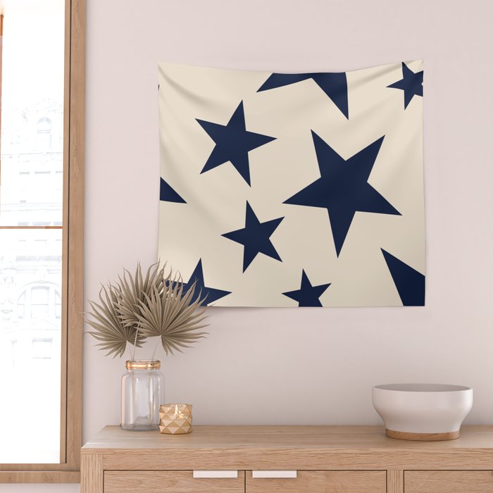 Navy & Light Beige Big Ol' Stars Wall Tapestry Gallery Image 2
