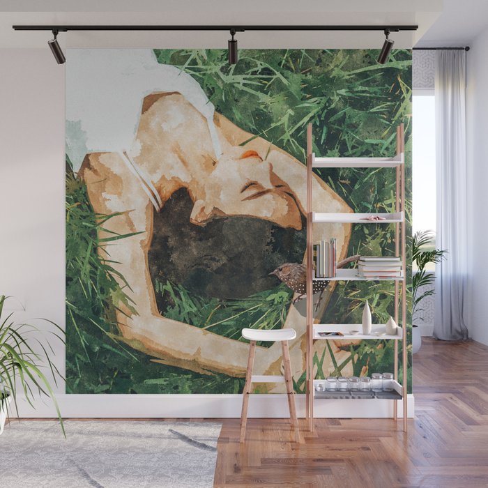 Jungle Nap Painting, Nature Illustration, Woman & Birds Portrait Wall Mural Gallery Image 1