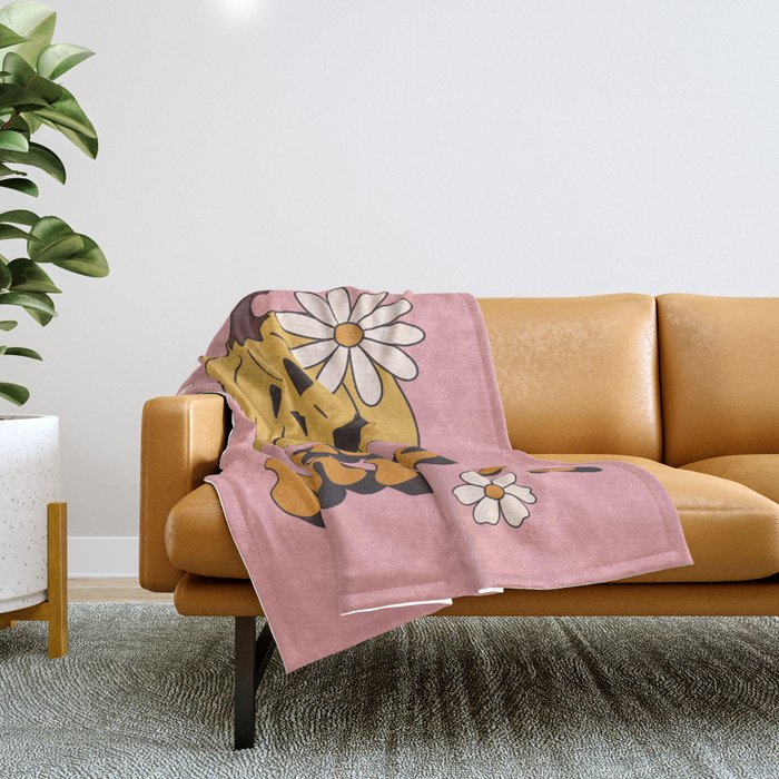 Hello Pumpkin Retro Pink Floral Print Throw Blanket Gallery Image 1