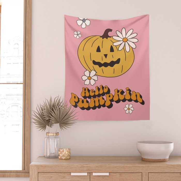 Hello Pumpkin Retro Pink Floral Print Wall Tapestry Gallery Image 2