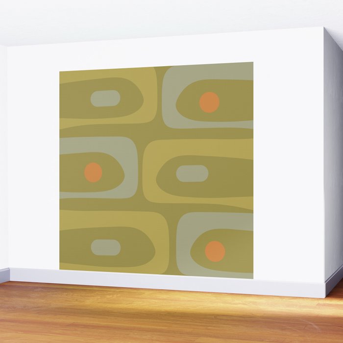 Mid-Century Modern Piquet Minimalist Abstract in Muted Retro Olive Green Celadon Orange Wall Mural Gallery Image 2