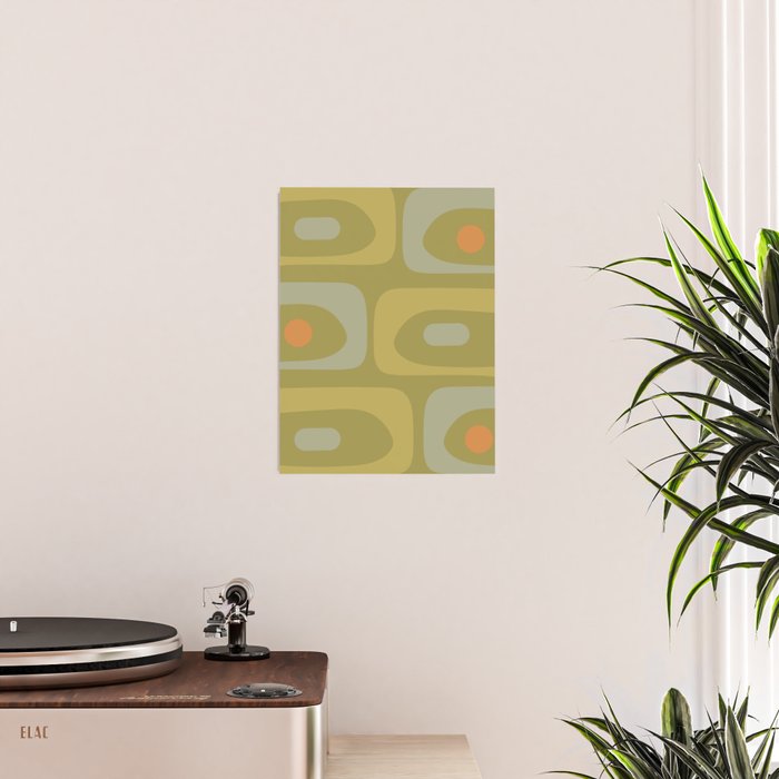 Mid-Century Modern Piquet Minimalist Abstract in Muted Retro Olive Green Celadon Orange Poster Gallery Image 2