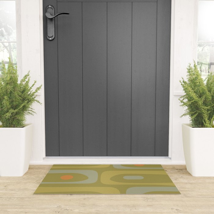 Mid-Century Modern Piquet Minimalist Abstract in Muted Retro Olive Green Celadon Orange Welcome Mat Gallery Image 3