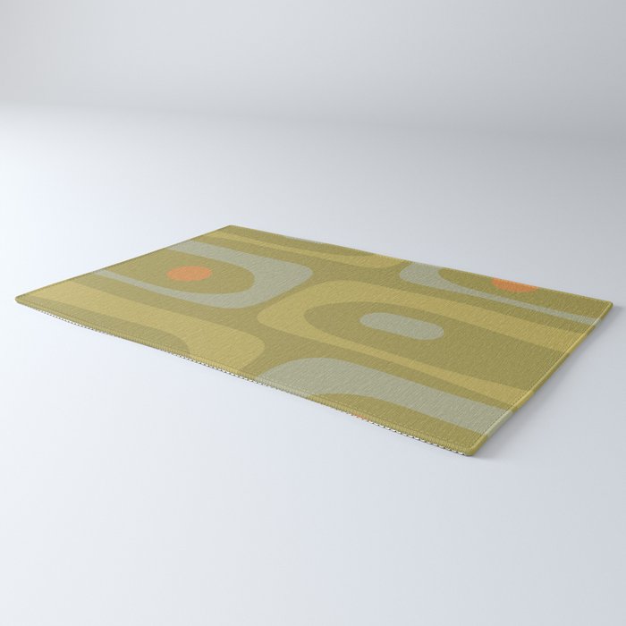 Mid-Century Modern Piquet Minimalist Abstract in Muted Retro Olive Green Celadon Orange Rug Gallery Image 3