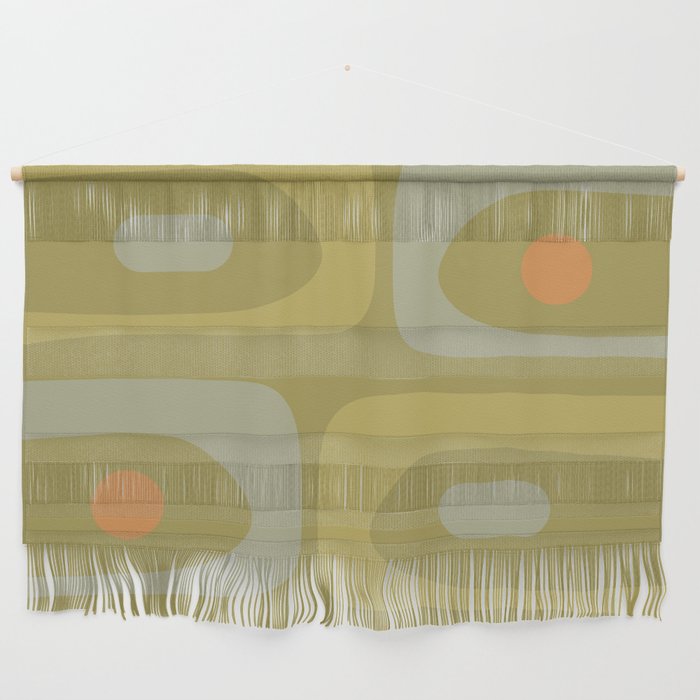 Mid-Century Modern Piquet Minimalist Abstract in Muted Retro Olive Green Celadon Orange Wall Hanging Gallery Image 1