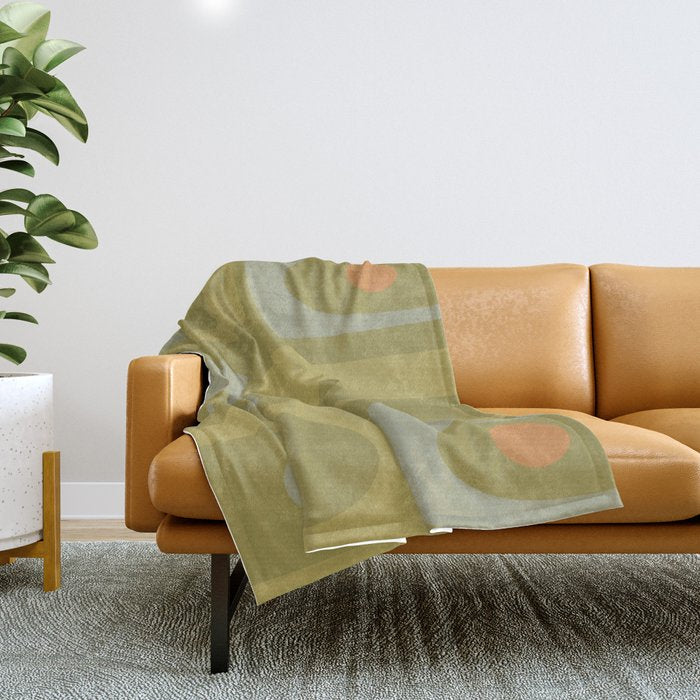 Mid-Century Modern Piquet Minimalist Abstract in Muted Retro Olive Green Celadon Orange Throw Blanket Gallery Image 1