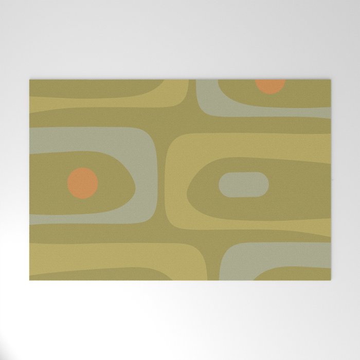 Mid-Century Modern Piquet Minimalist Abstract in Muted Retro Olive Green Celadon Orange Welcome Mat Gallery Image 1