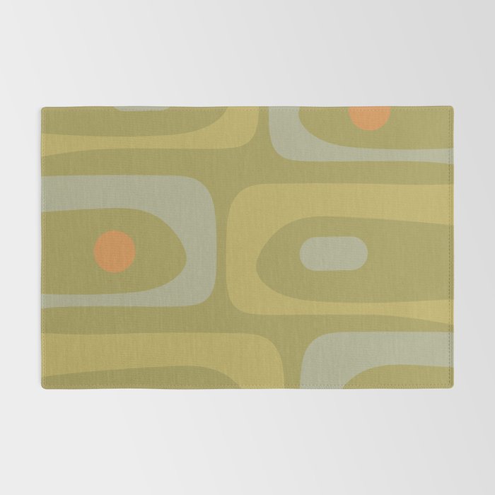 Mid-Century Modern Piquet Minimalist Abstract in Muted Retro Olive Green Celadon Orange Rug Gallery Image 2